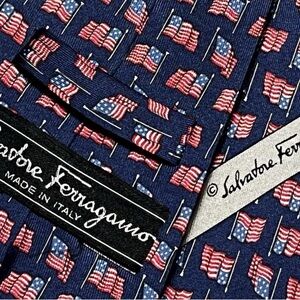 SALVATORE FERRAGAMO American Flag Gancini Logo Neck Tie 58" x 3” Silk
